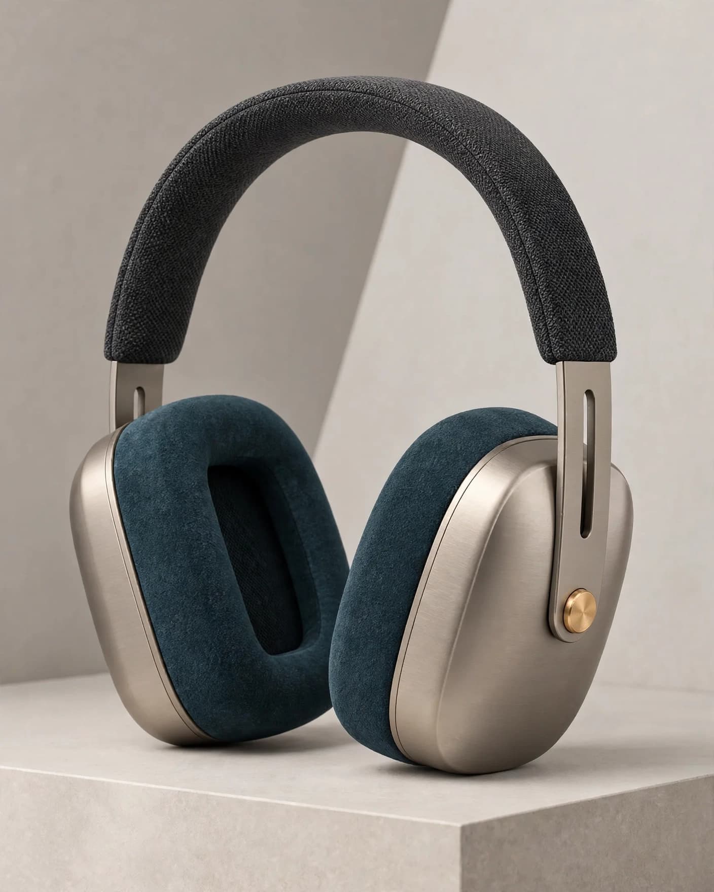 Warm-titanium and deep-petrol headphones in a pale architectural studio composition