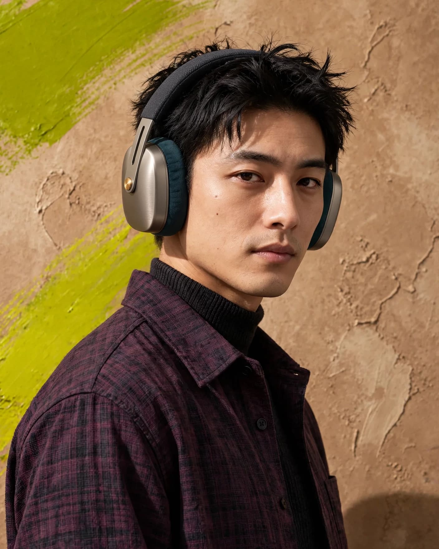 Creative professional wearing warm-titanium and deep-petrol headphones against a chartreuse-painted mineral wall
