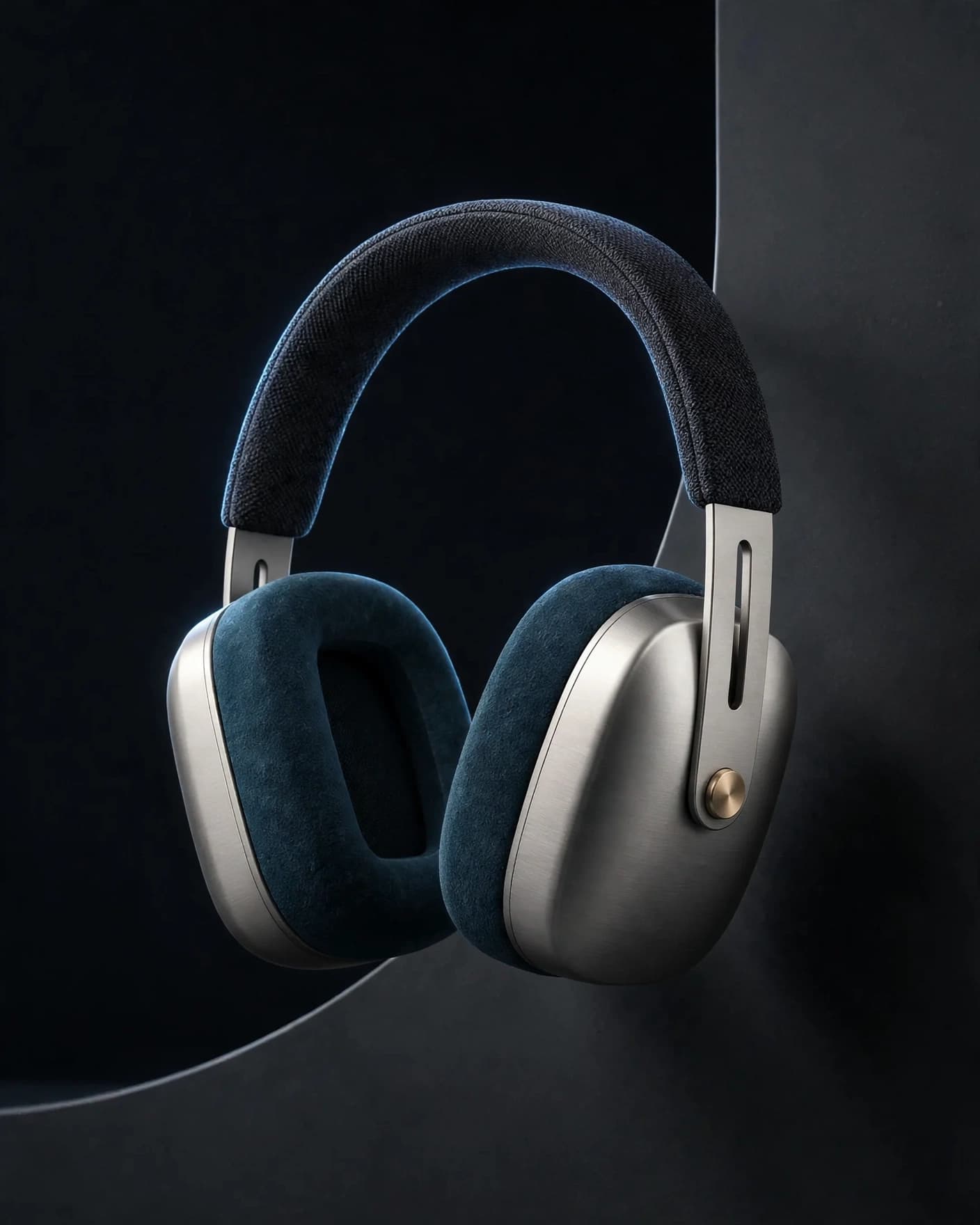 Warm-titanium and deep-petrol headphones in a dark technical advertising composition