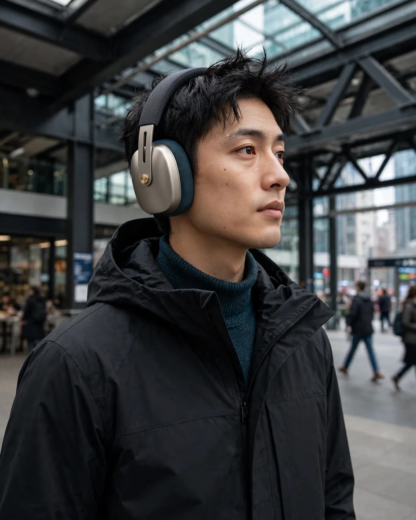 Creative professional wearing warm-titanium and deep-petrol headphones in a glass-and-steel city concourse