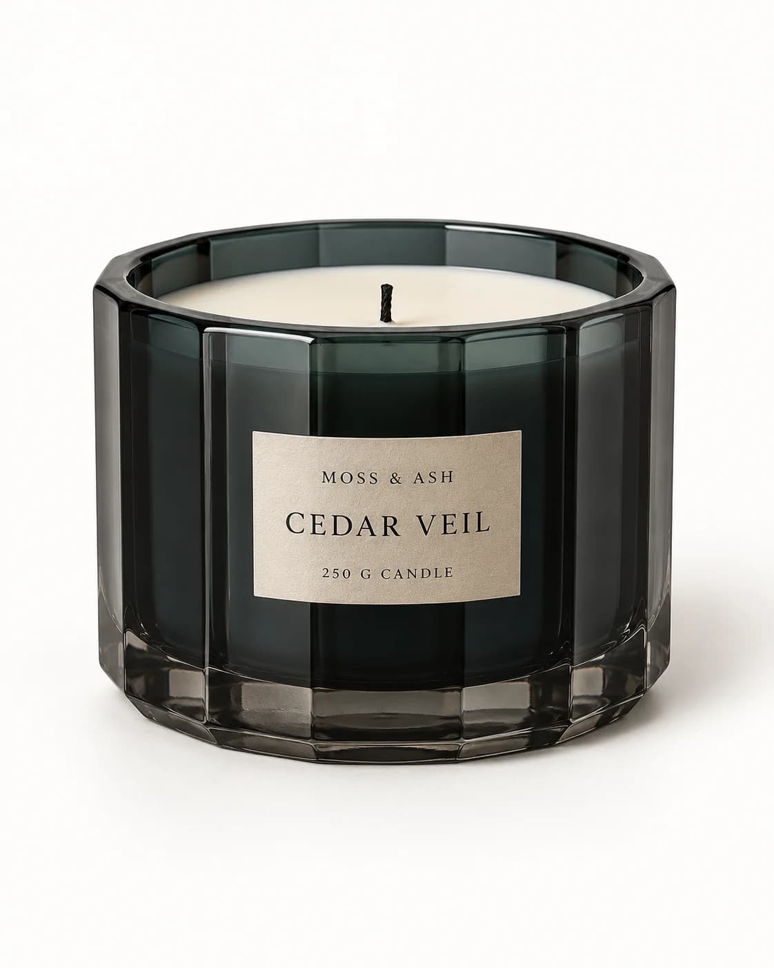 Blackened-petrol Cedar Veil scented candle in a clean ecommerce source photograph