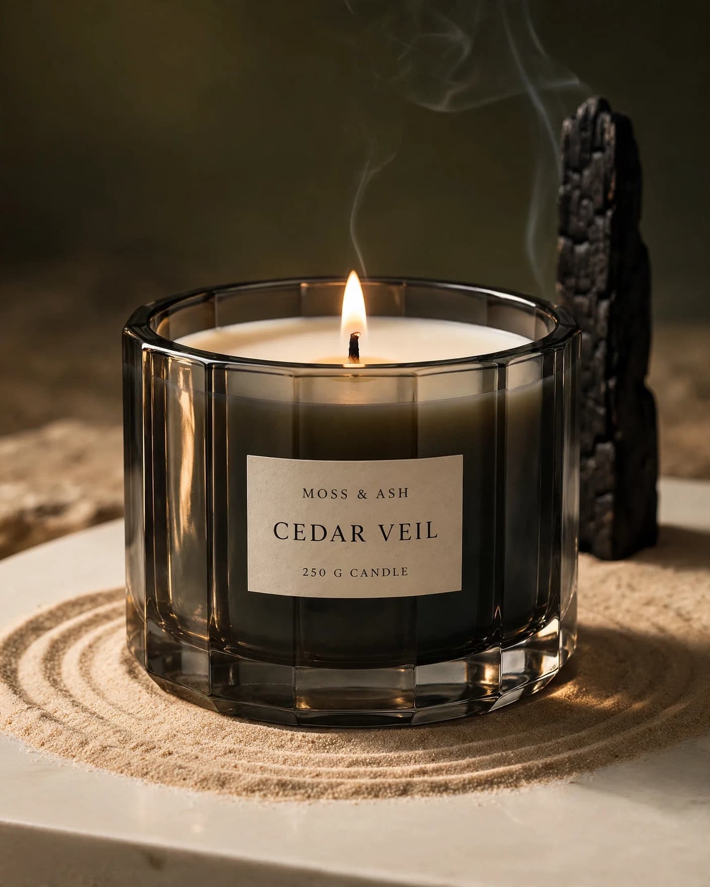 Same blackened-petrol Cedar Veil candle in atmospheric product photography