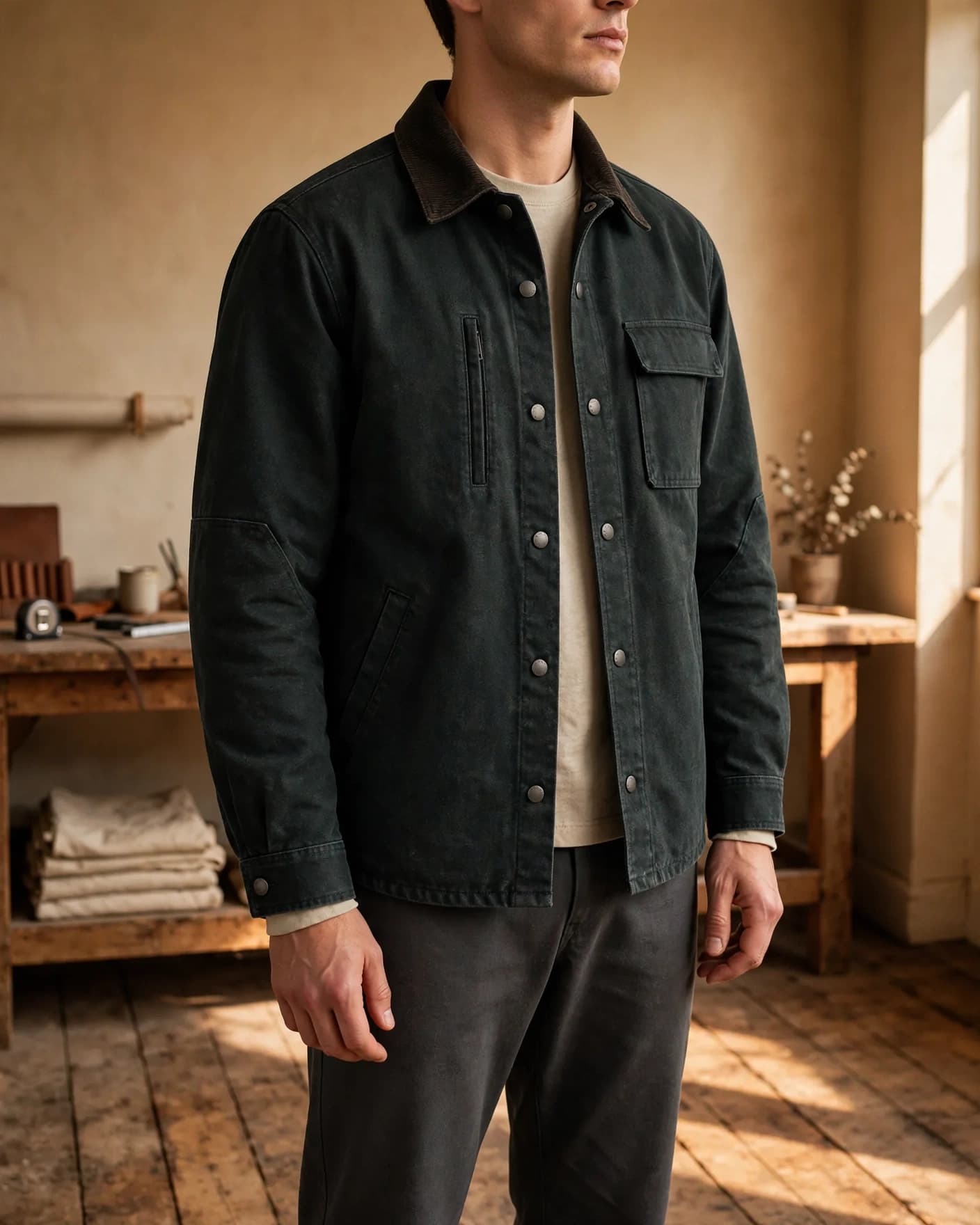 Same blackened-petrol utility overshirt in professionally directed clothing photography