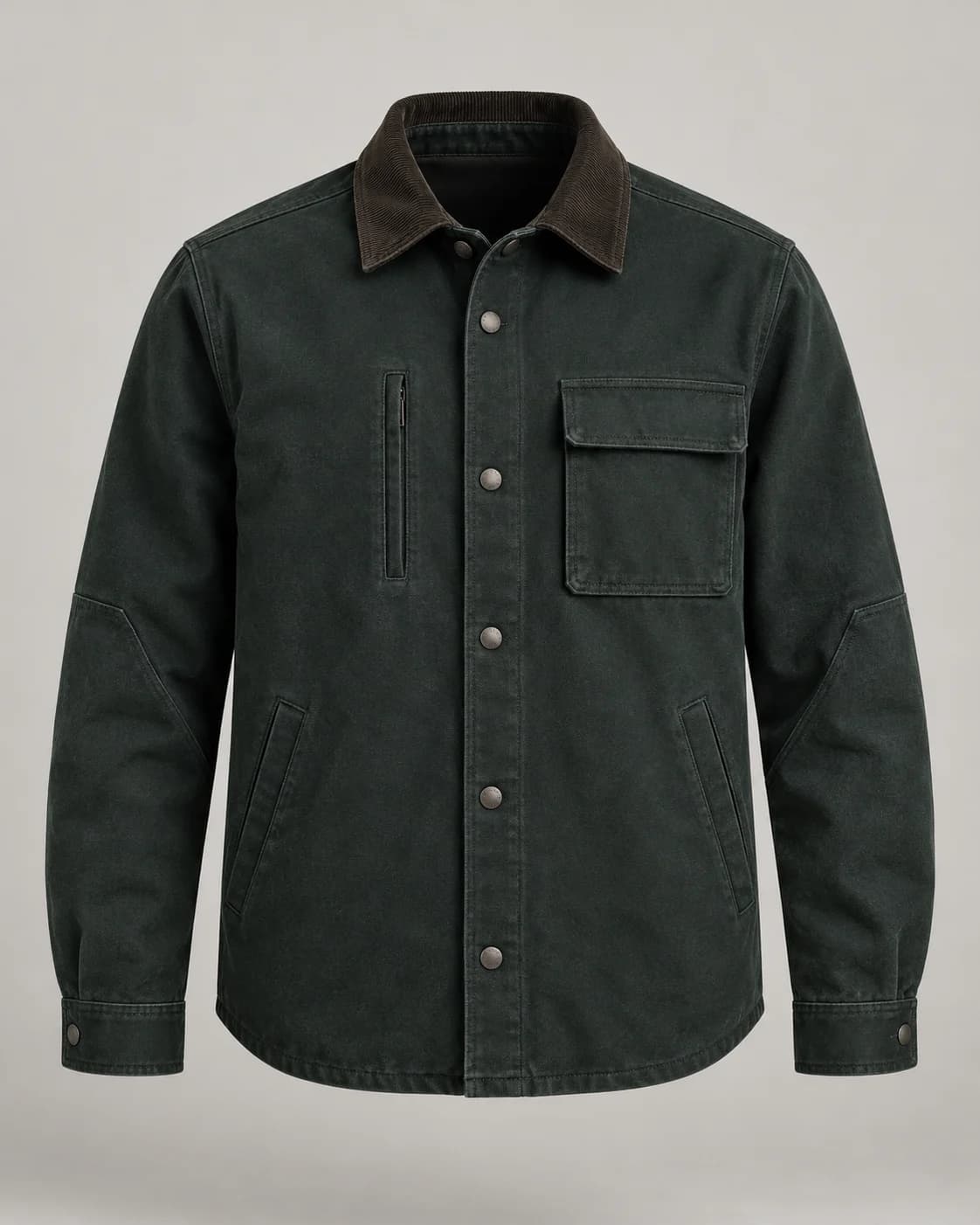 Blackened-petrol canvas utility overshirt in a clean ecommerce source photograph