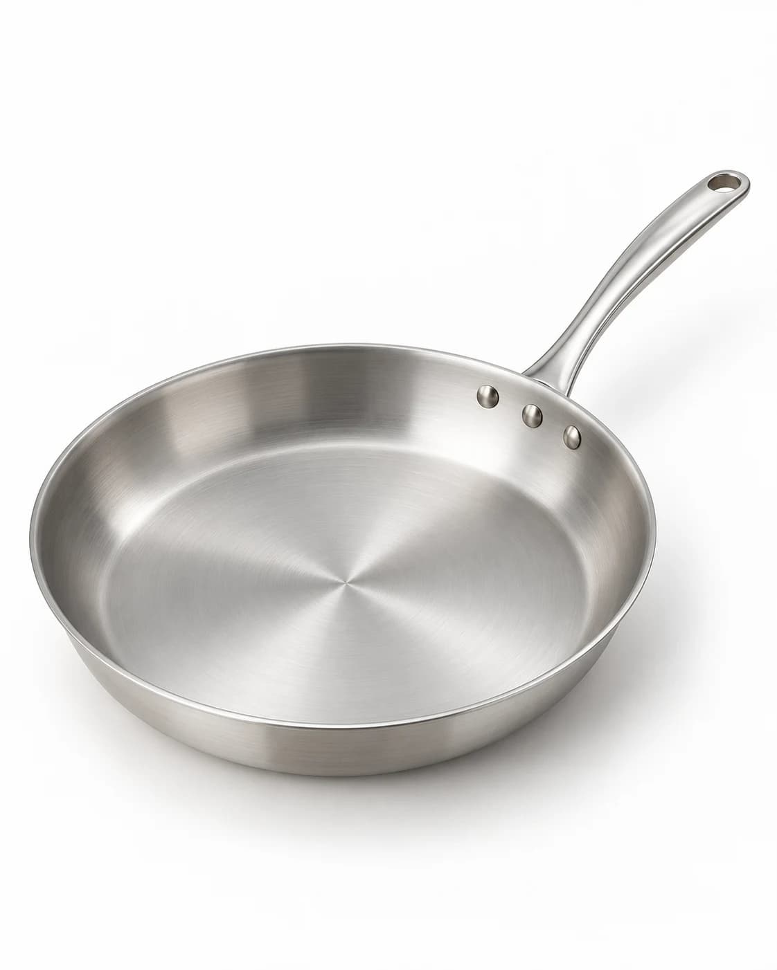 Brushed stainless-clad skillet in a clean ecommerce source photograph