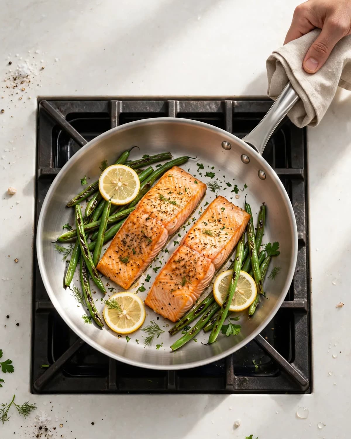 Same stainless-clad skillet cooking salmon and green beans on a professional kitchen range