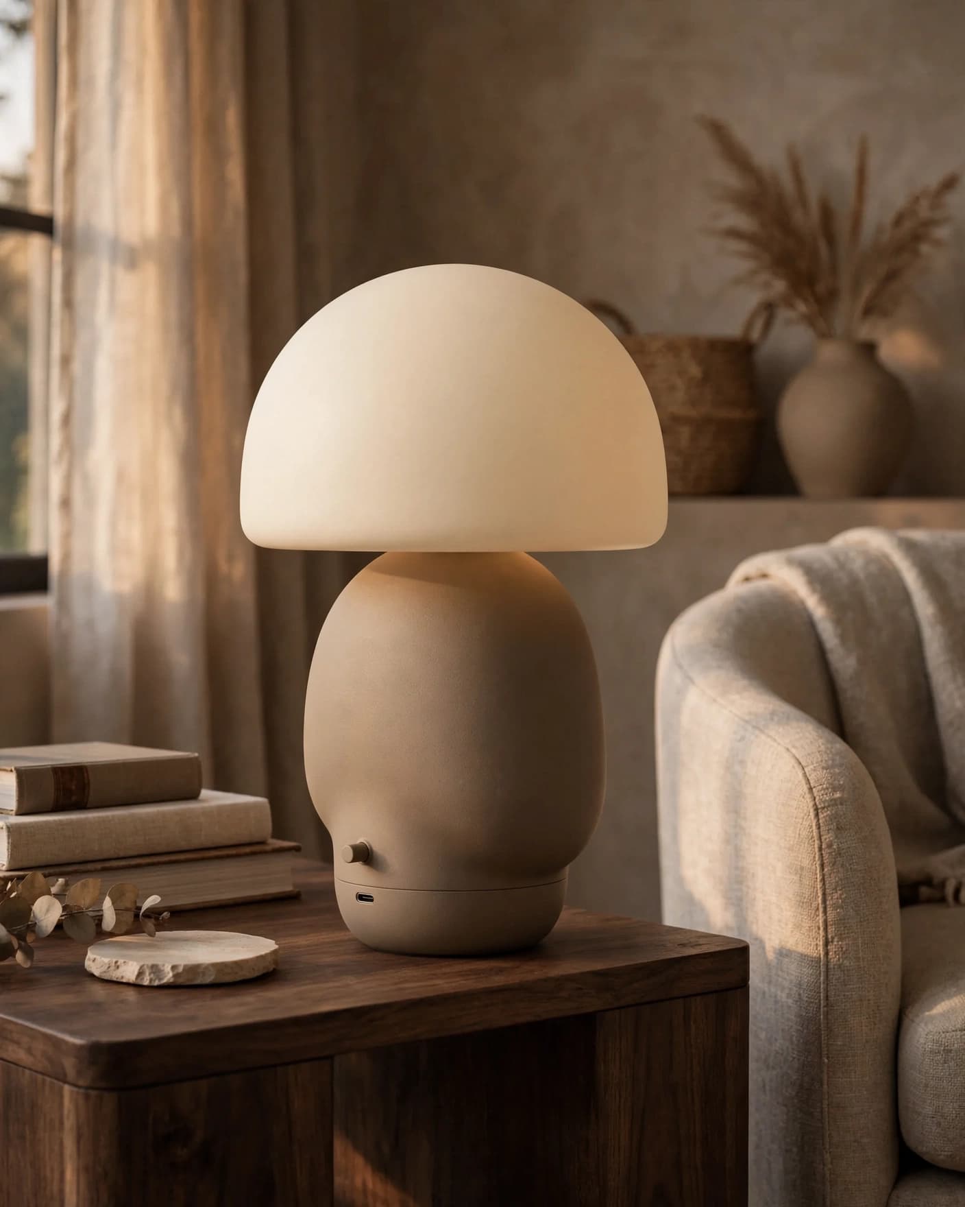 Same cream dome lamp staged on a walnut side table in a warm interior