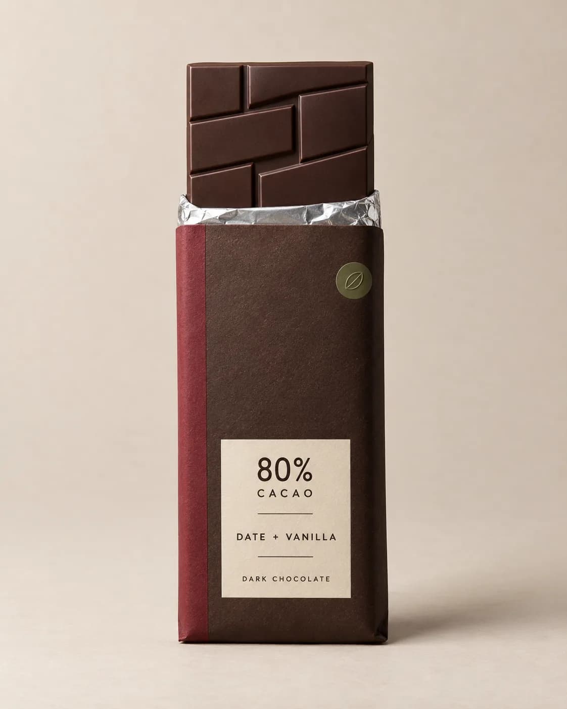 Date and vanilla dark chocolate bar in a clean ecommerce source photograph
