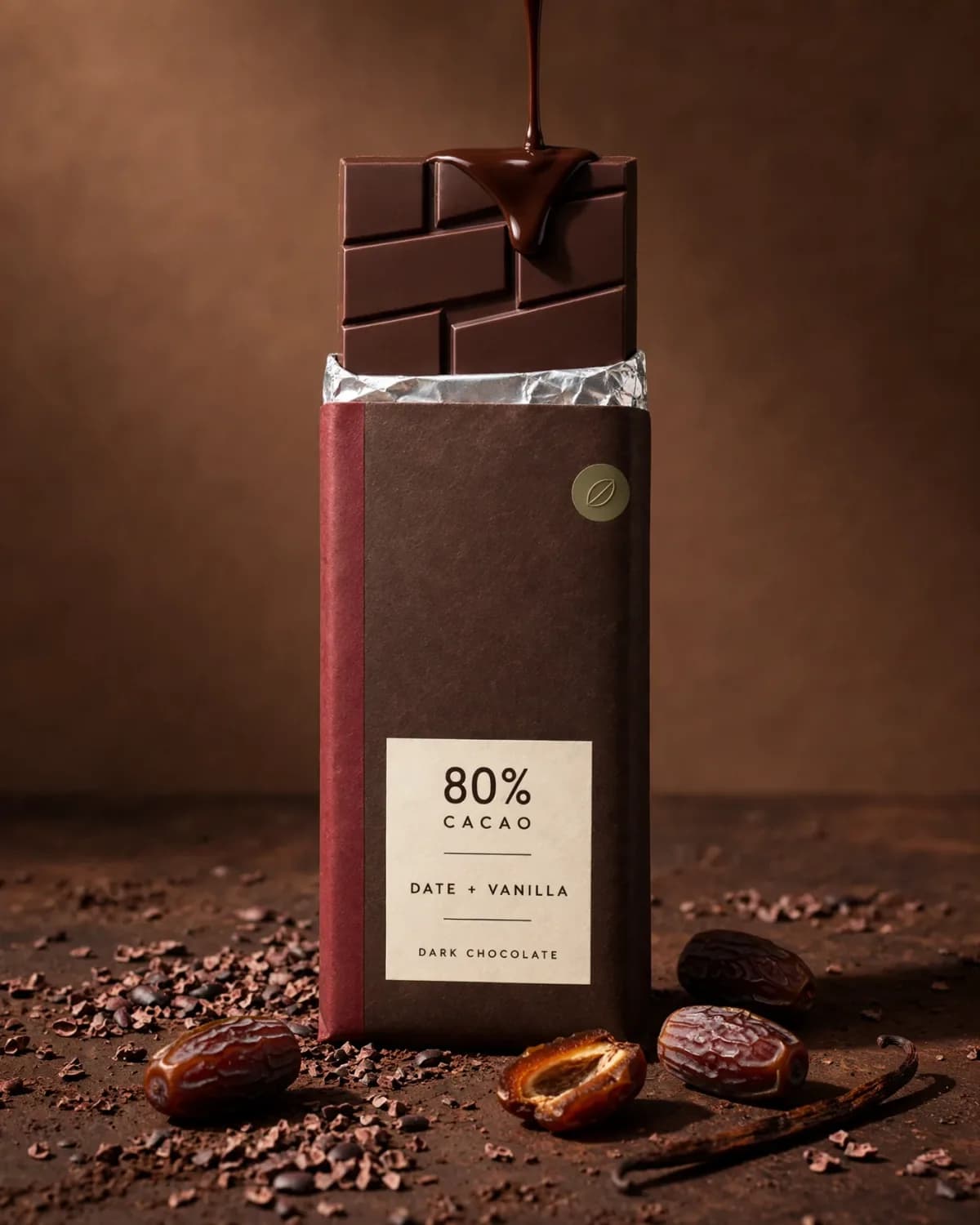 Same date and vanilla dark chocolate bar in an appetite-led campaign with dates and vanilla