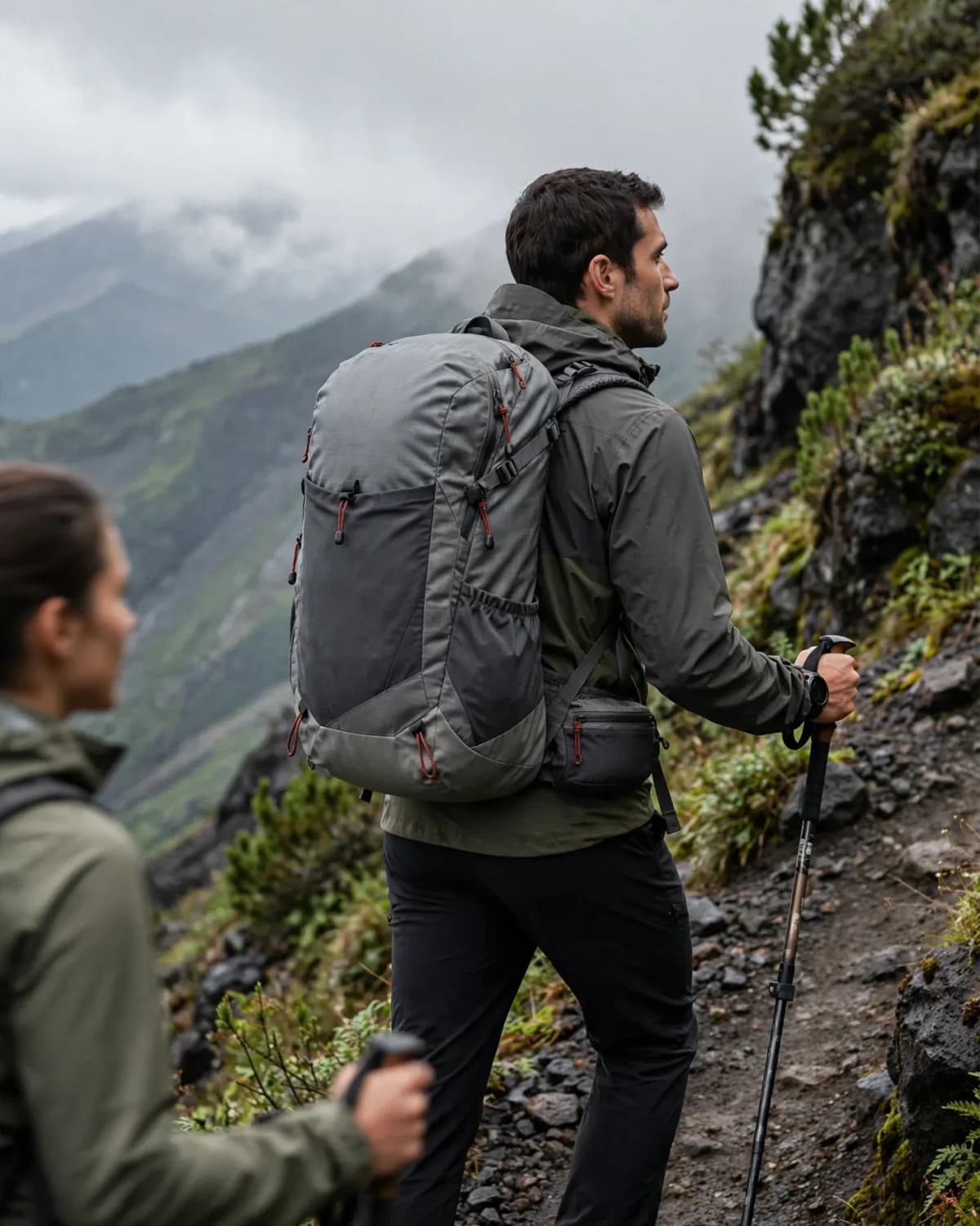 Same technical hiking daypack worn by a hiker on a steep alpine trail