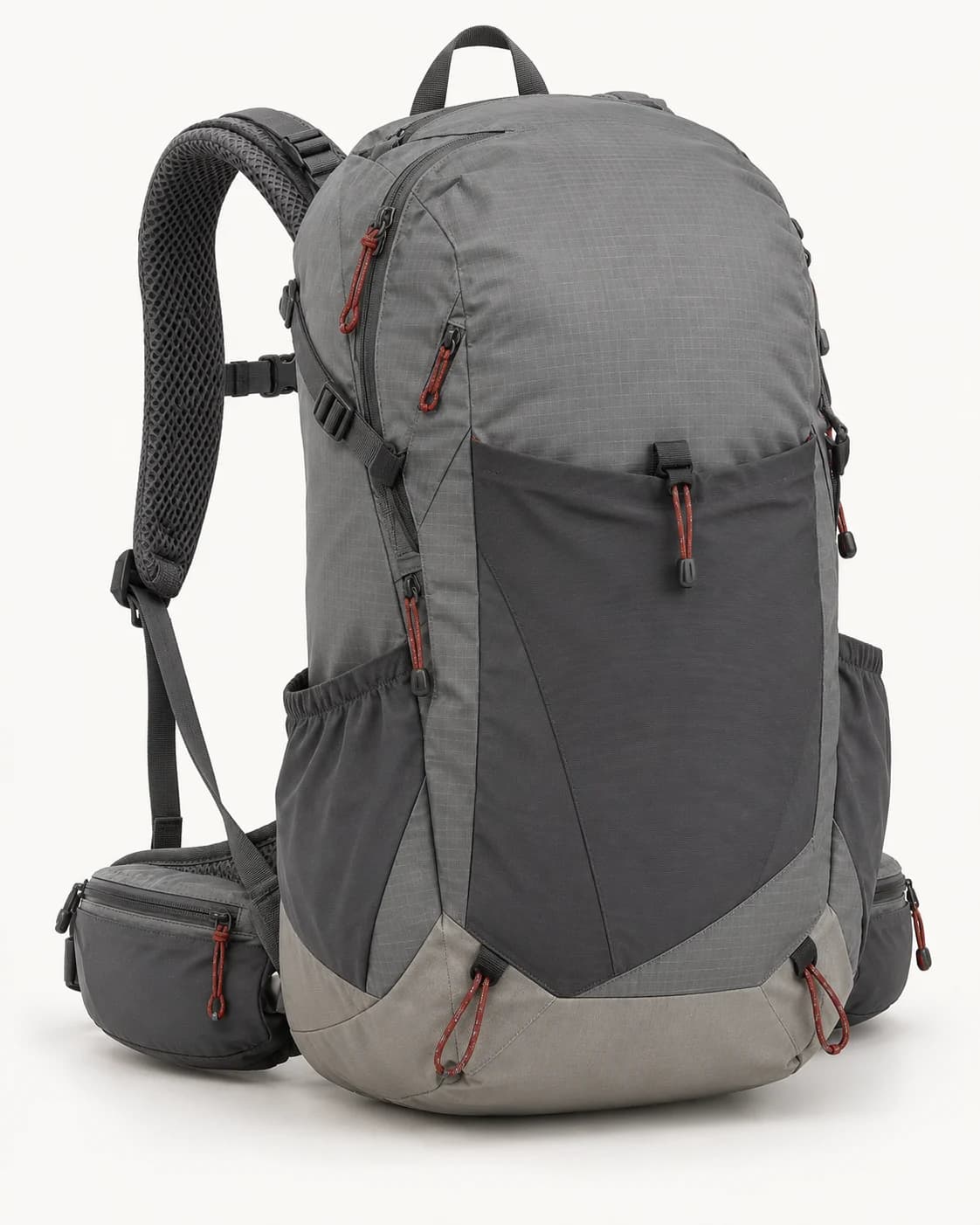 Mineral-grey and graphite technical hiking daypack in a clean ecommerce source photograph