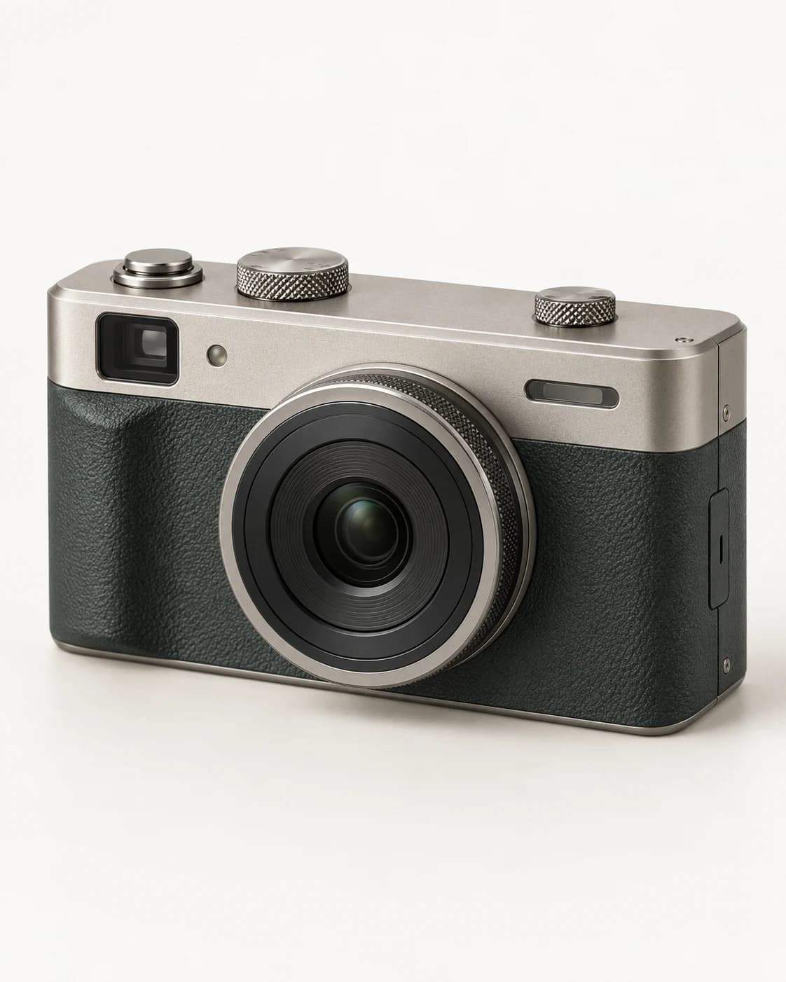 Pale titanium and charcoal-green compact camera in a clean ecommerce source photograph