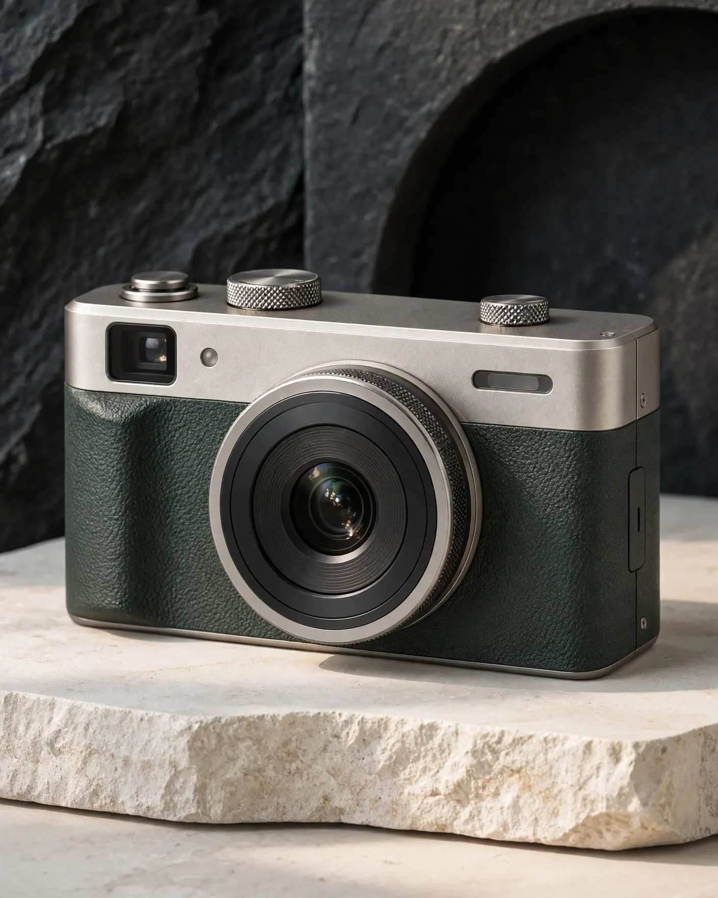 Same compact camera in restrained mineral architectural product photography