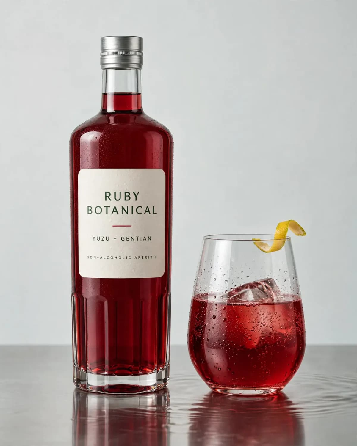 Same ruby botanical aperitif bottle beside a cold sparkling serve with a yuzu peel