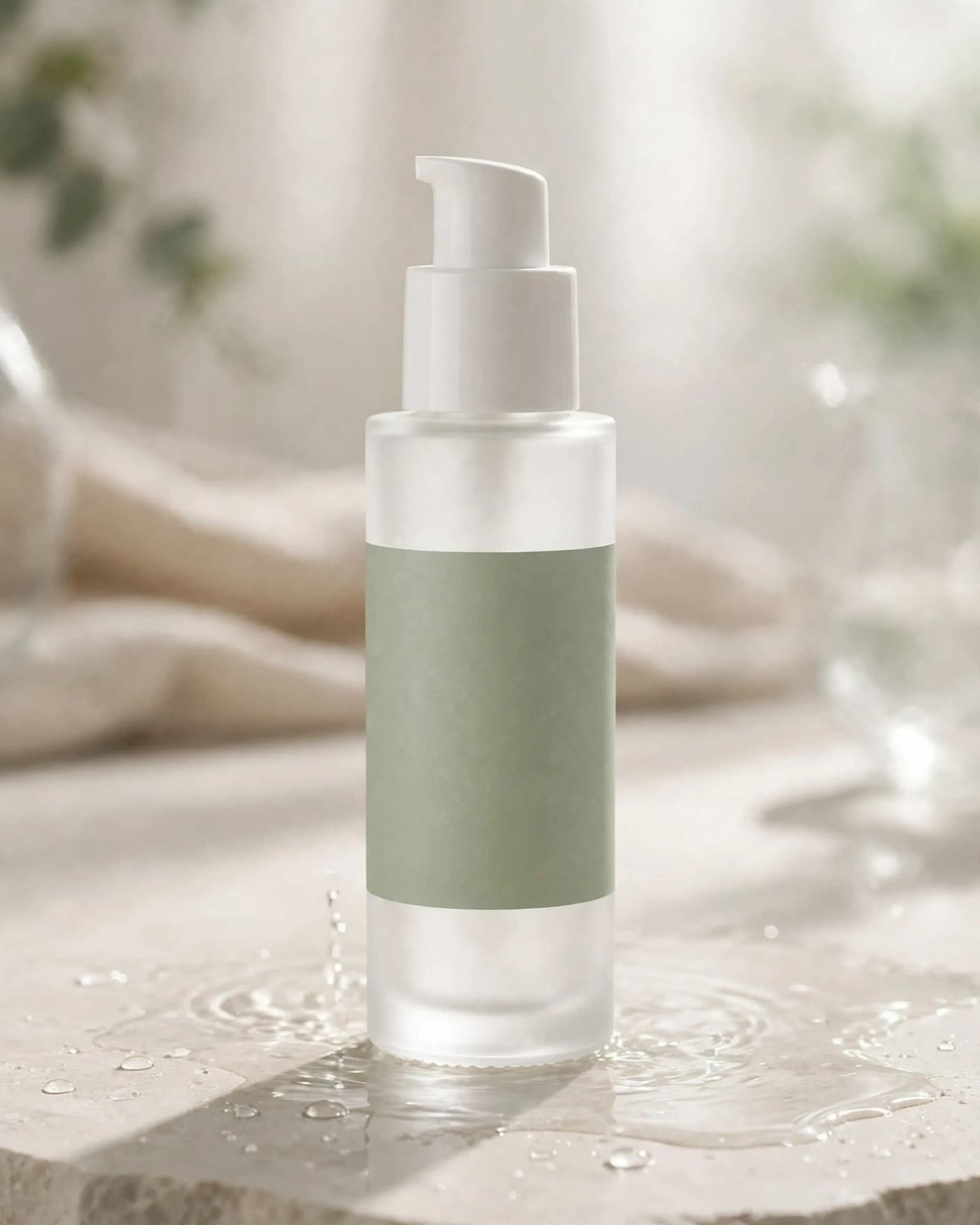 Same frosted serum bottle in a luminous studio setting with water reflections