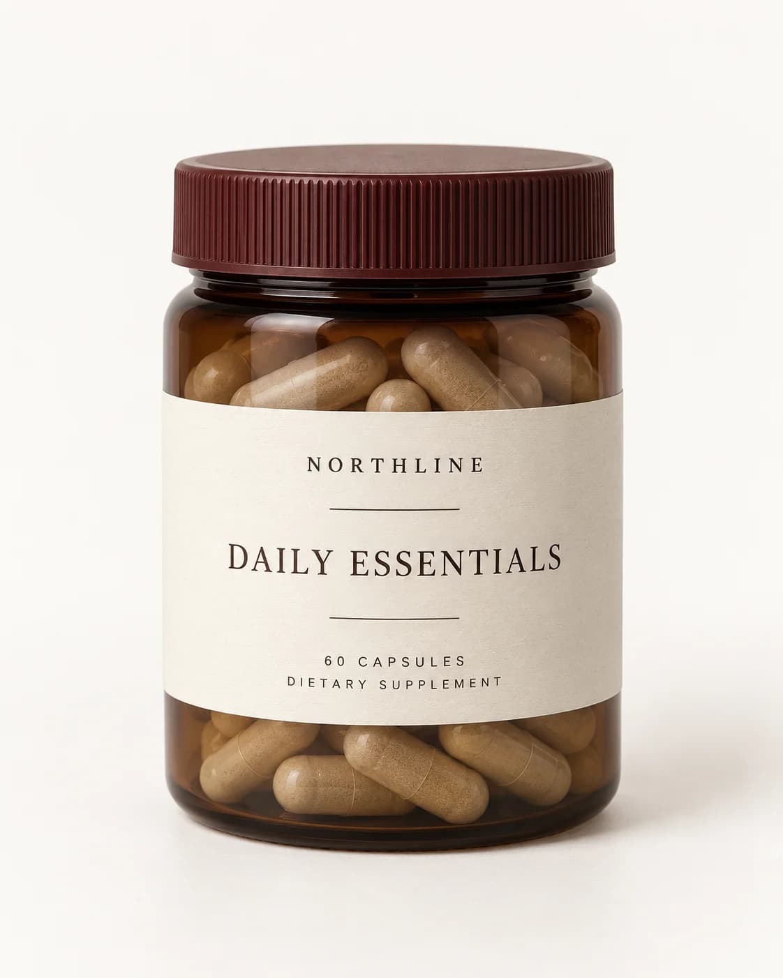 Smoked-amber Daily Essentials supplement jar in a clean ecommerce source photograph
