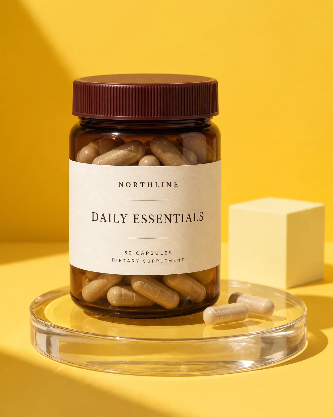 Same smoked-amber supplement jar in professionally directed product photography