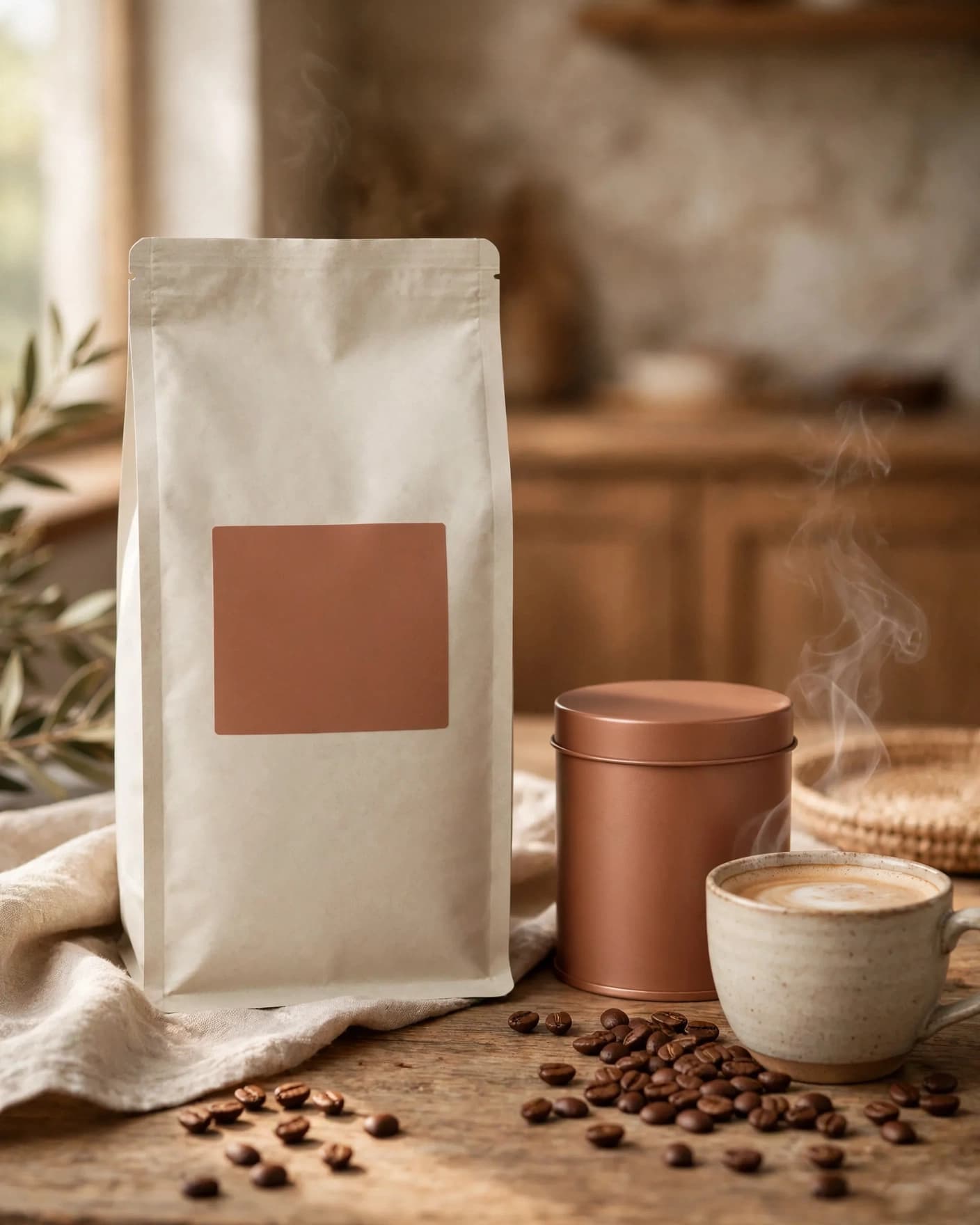 Same coffee bag and tin styled in a warm cafe scene with a cup and coffee beans