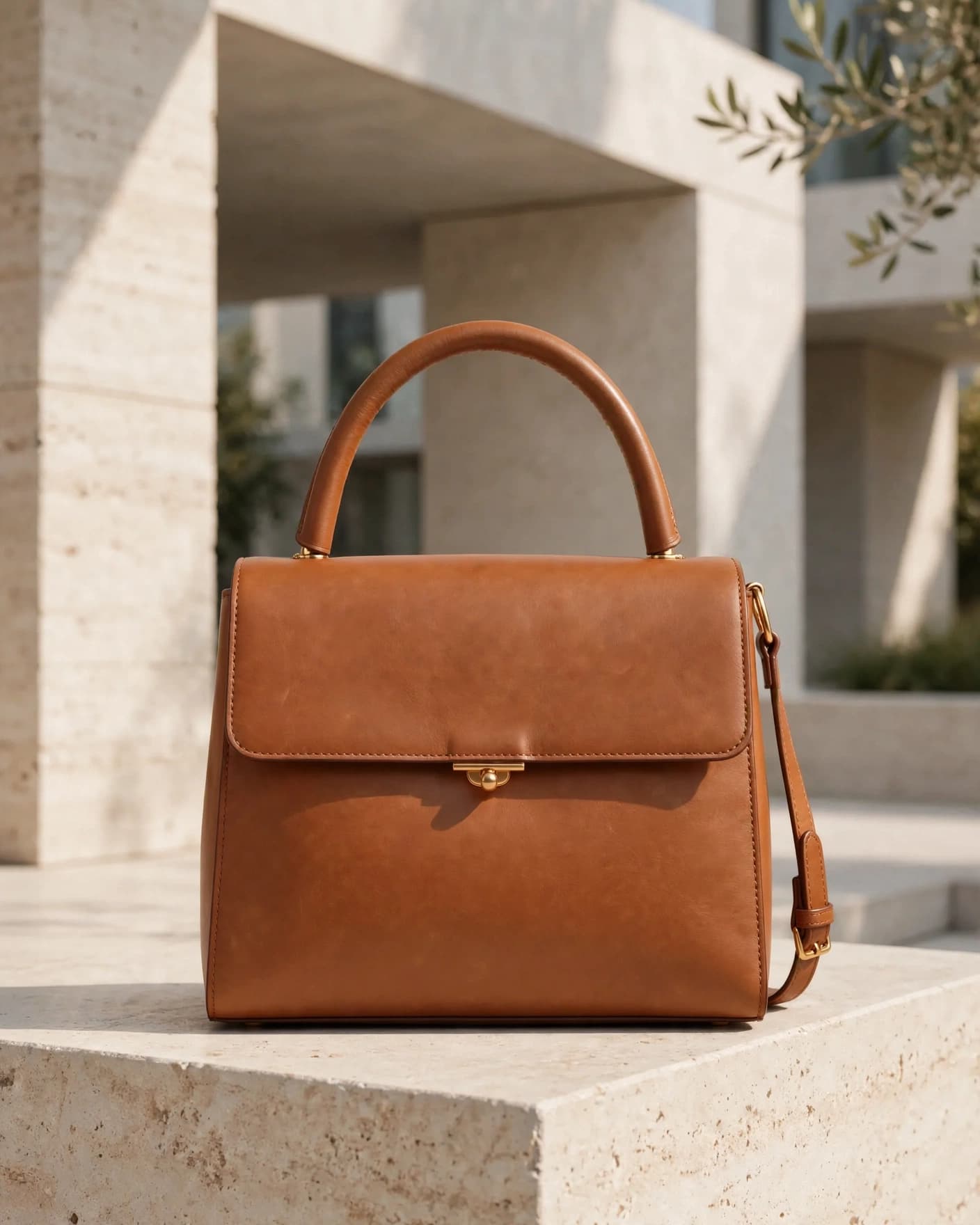 Same tan leather handbag in a sunlit architectural fashion ad setting